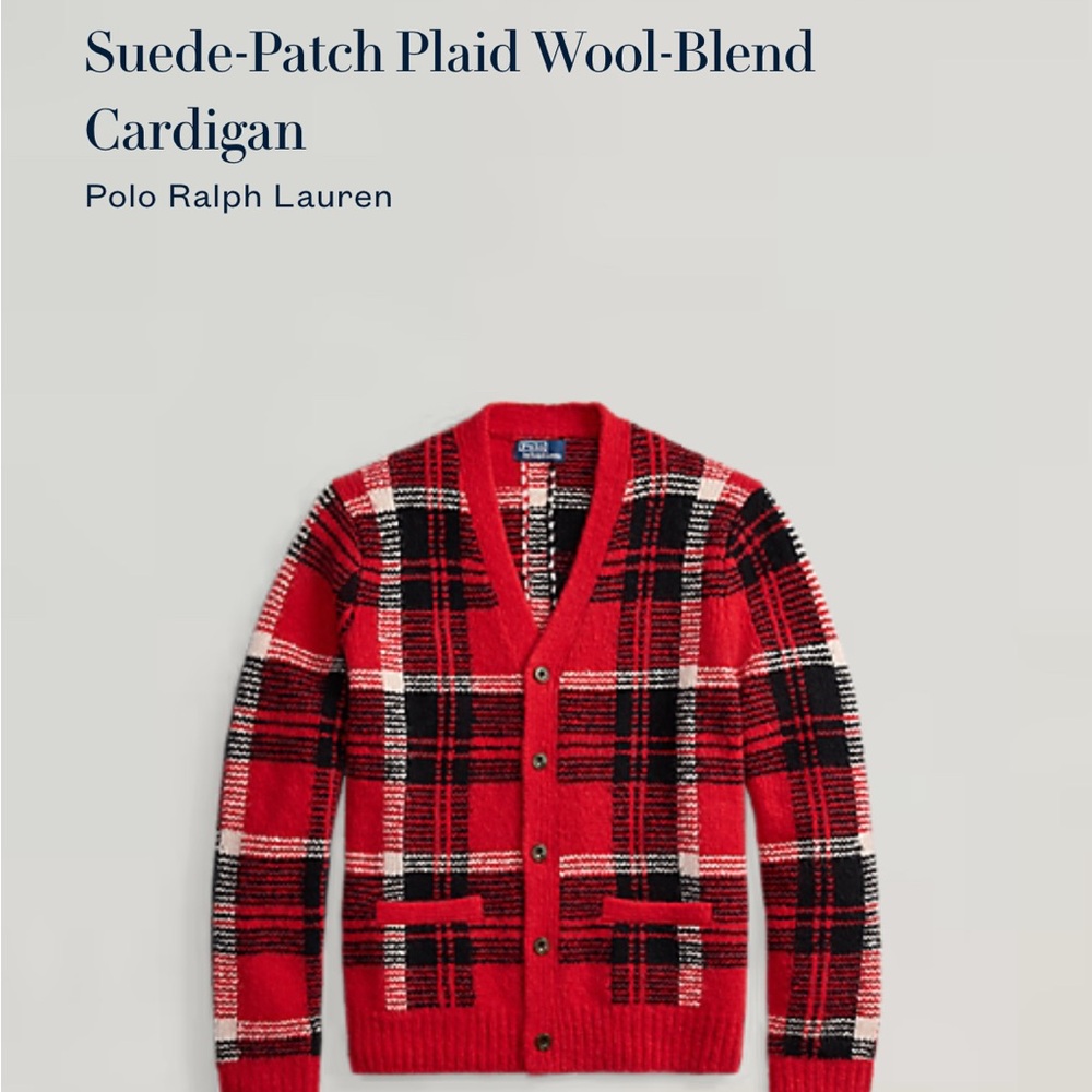 Ralph Lauren Suede-Patch Plaid Wool-Blend Cardigan | color: red combo | size: XL - Picture 8 of 8
